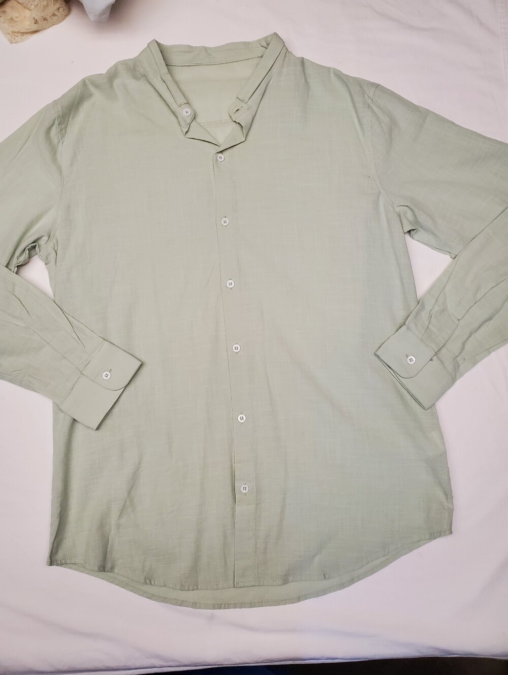 Mint Green Linen Cotton Button Down Shirt L Relaxed Oversized Band Collar